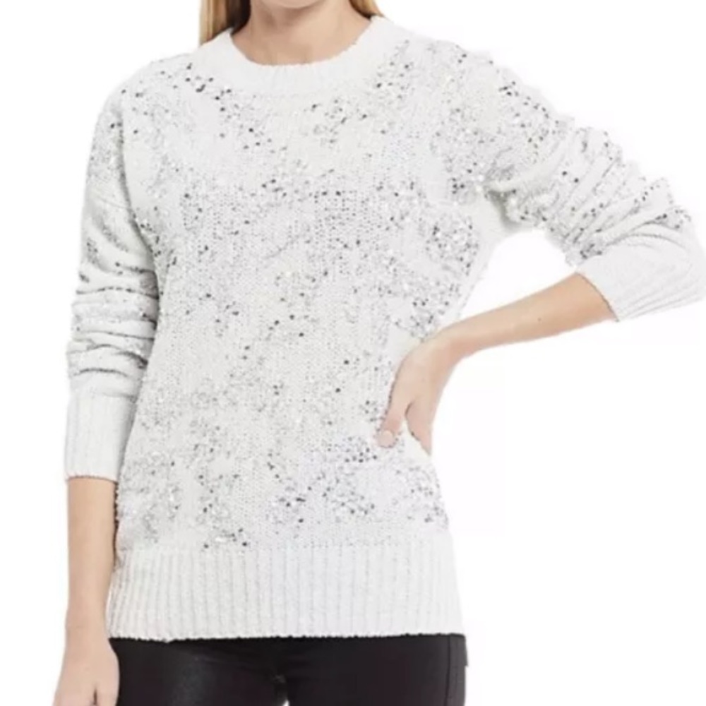 FRENCH CONNECTION ROSEMARY SILVER SEQUIN Sweater L